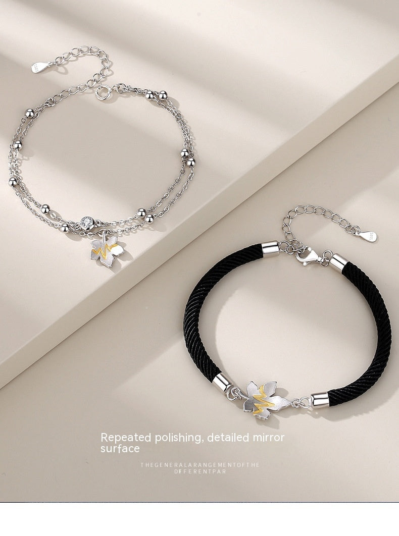 Silver Floral Cord Couples Bracelet