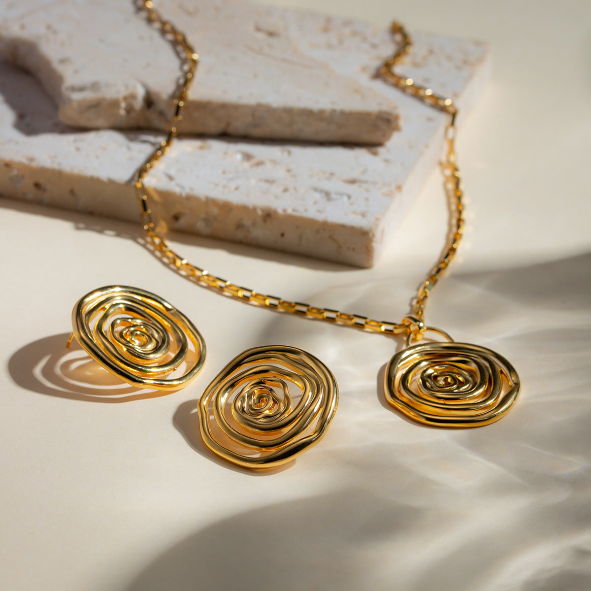 Sculptural Golden Rose Earring & Necklace Set