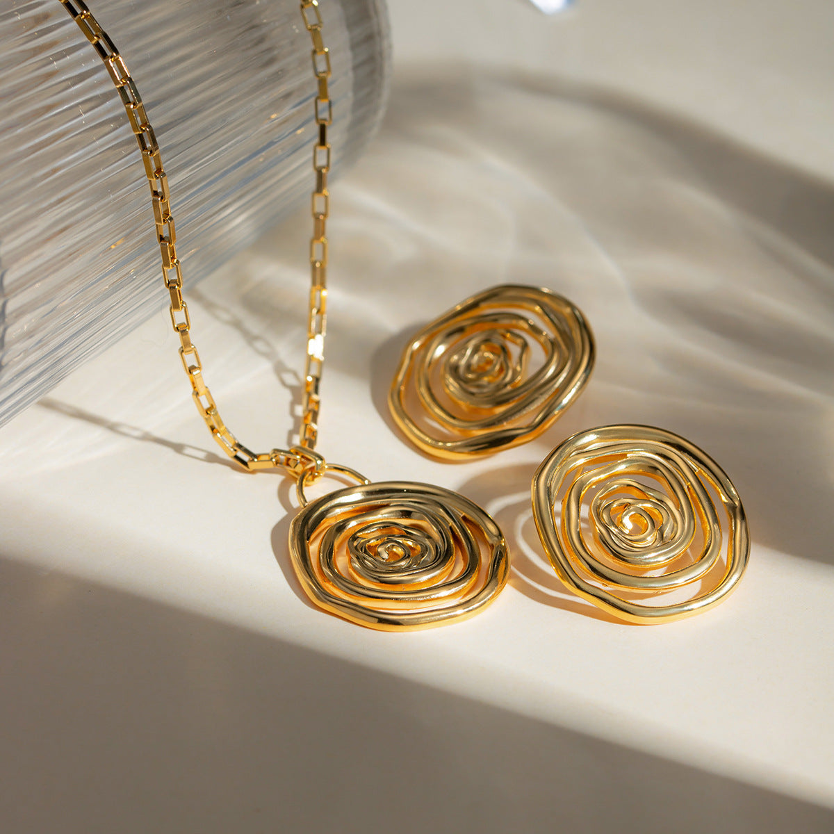 Sculptural Golden Rose Earring & Necklace Set