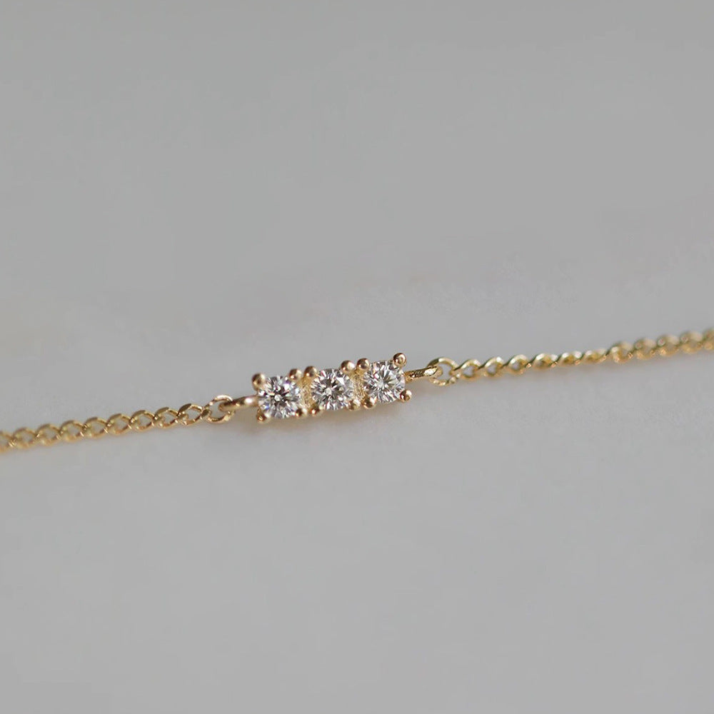 Daily Minimalist Bracelet 925 Sterling Silver Gold Plated Three Diamond Micro Inlaid