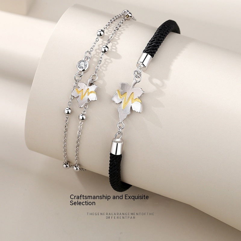 Silver Floral Cord Couples Bracelet