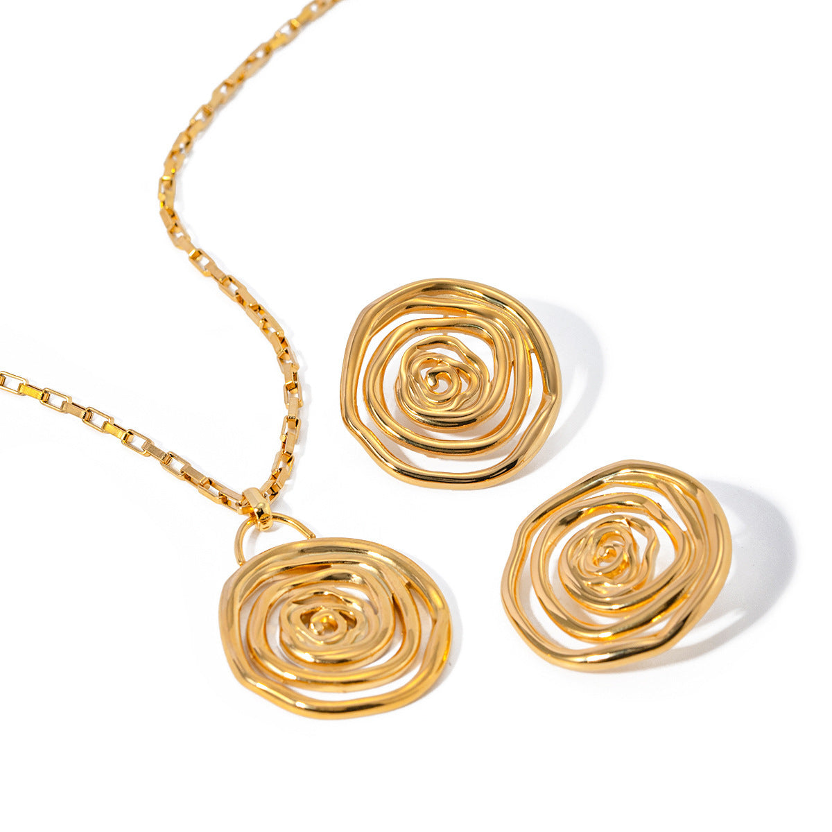 Sculptural Golden Rose Earring & Necklace Set